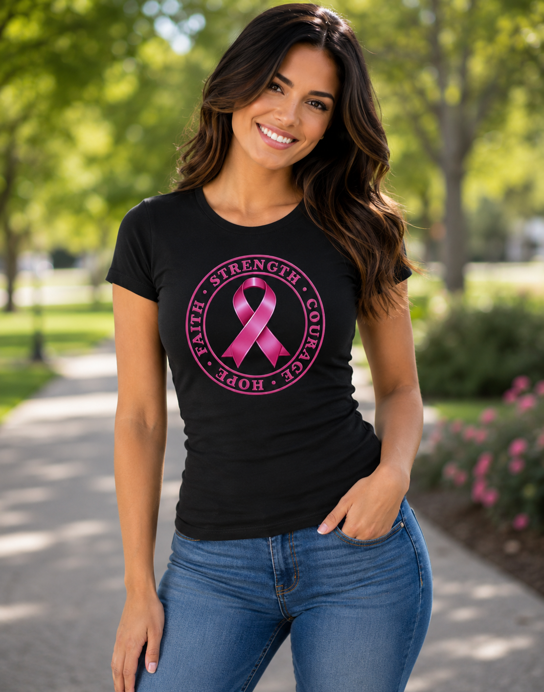 Breast Cancer Awareness: Hope Faith Strength Courage Fitted T-Shirt