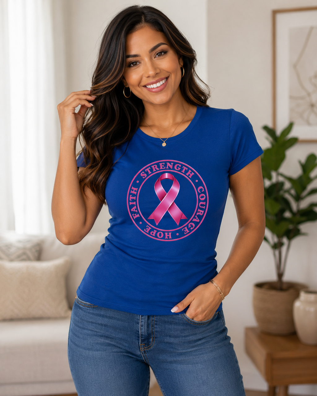 Breast Cancer Awareness: Hope Faith Strength Courage Fitted T-Shirt