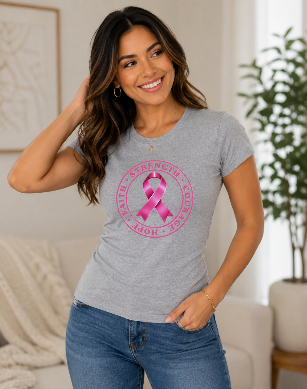 Breast Cancer Awareness: Hope Faith Strength Courage Fitted T-Shirt