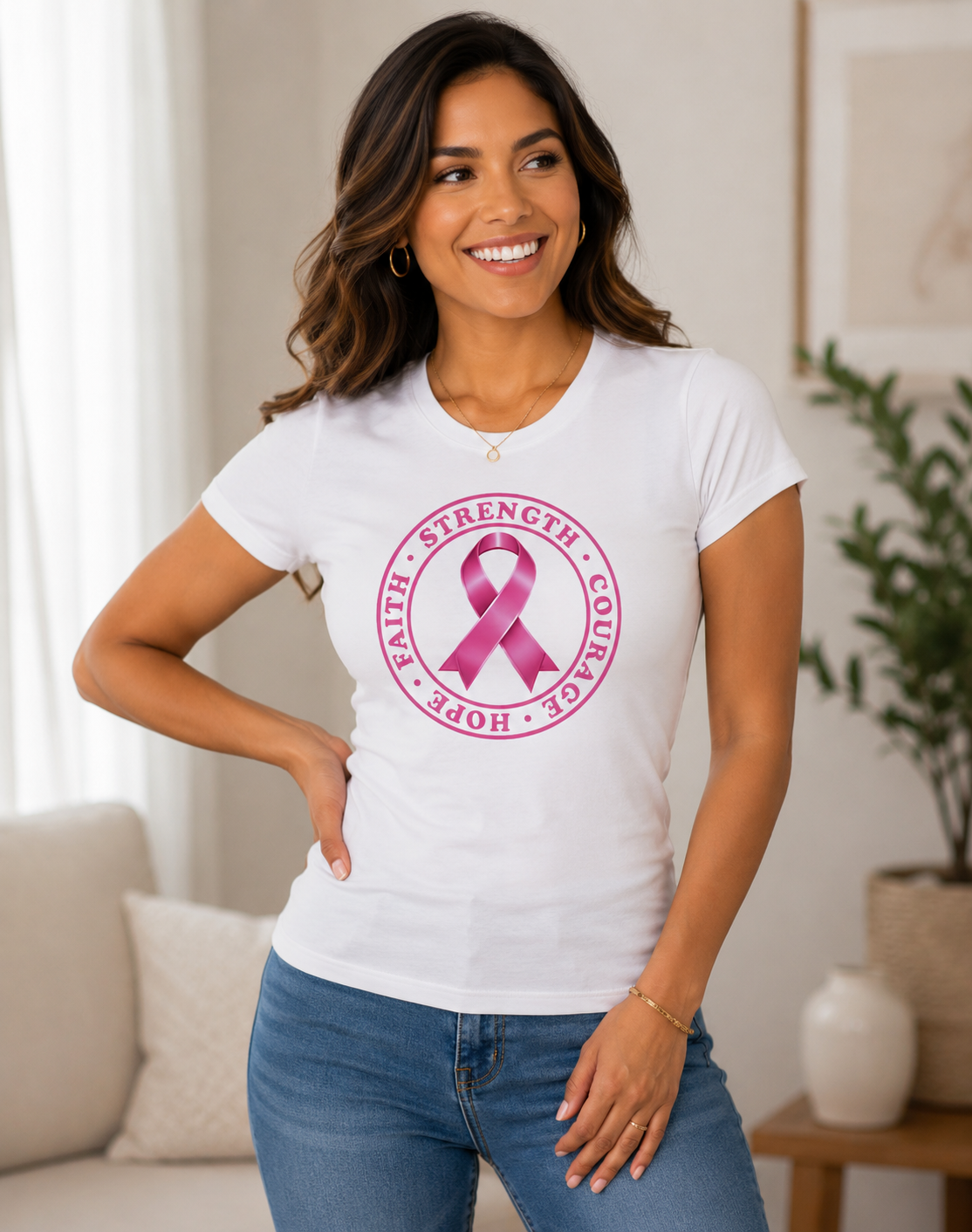 Breast Cancer Awareness: Hope Faith Strength Courage Fitted T-Shirt