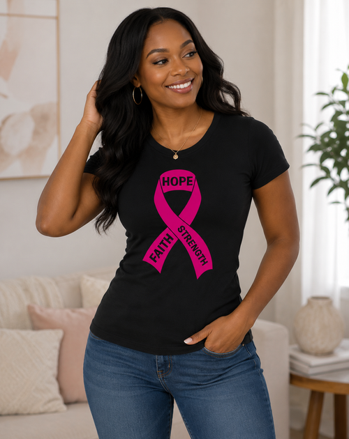 Breast Cancer Awareness: Hope Faith Strength Fitted T-Shirt
