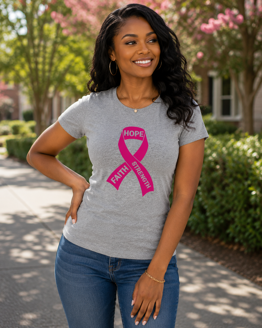 Breast Cancer Awareness: Hope Faith Strength Fitted T-Shirt