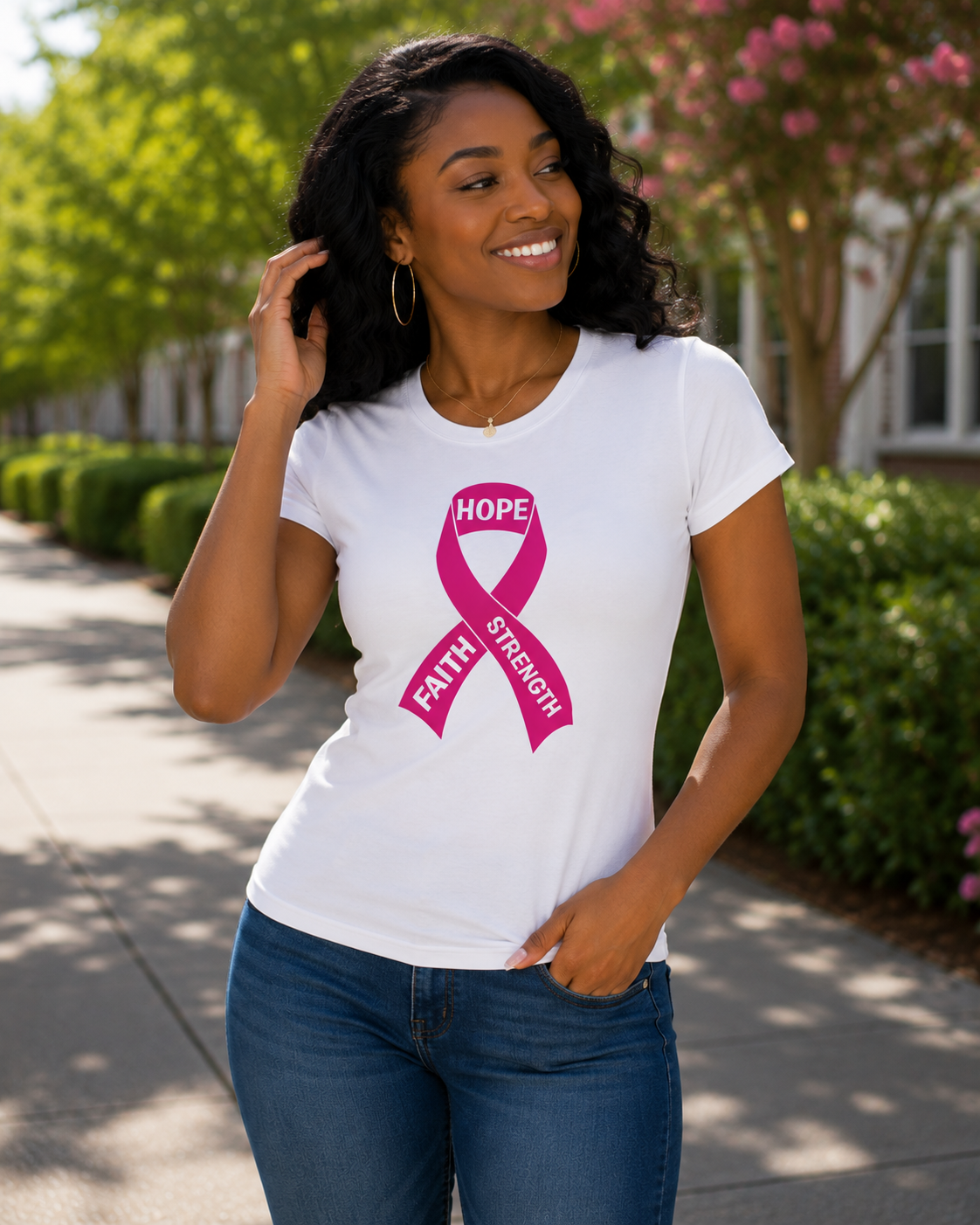 Breast Cancer Awareness: Hope Faith Strength Fitted T-Shirt