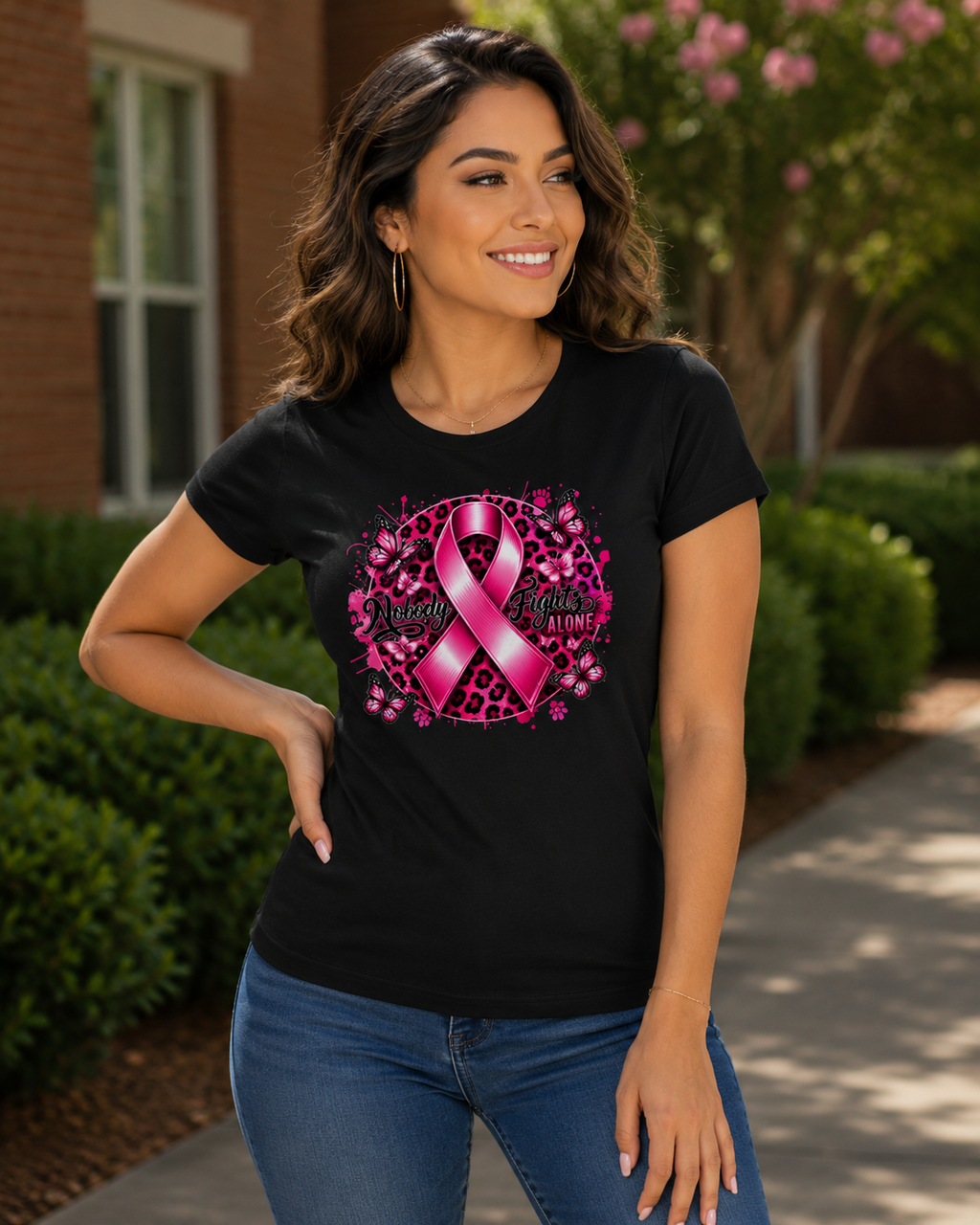 Breast Cancer Awareness: Nobody Fights Alone Fitted T-Shirt