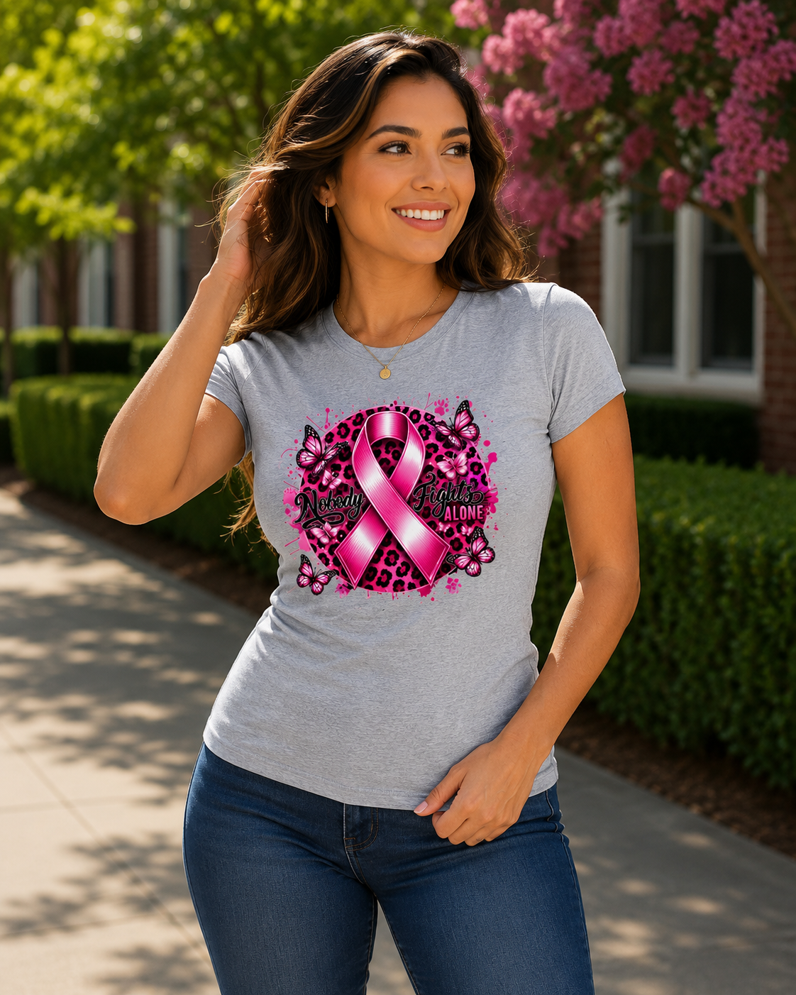 Breast Cancer Awareness: Nobody Fights Alone Fitted T-Shirt