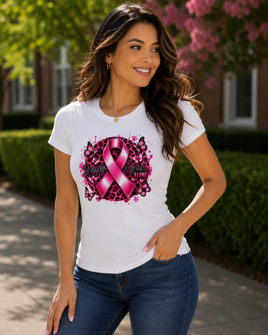 Breast Cancer Awareness: Nobody Fights Alone Fitted T-Shirt