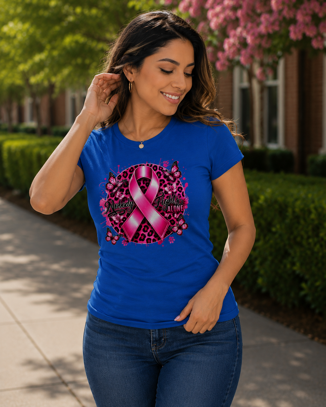 Breast Cancer Awareness: Nobody Fights Alone Fitted T-Shirt