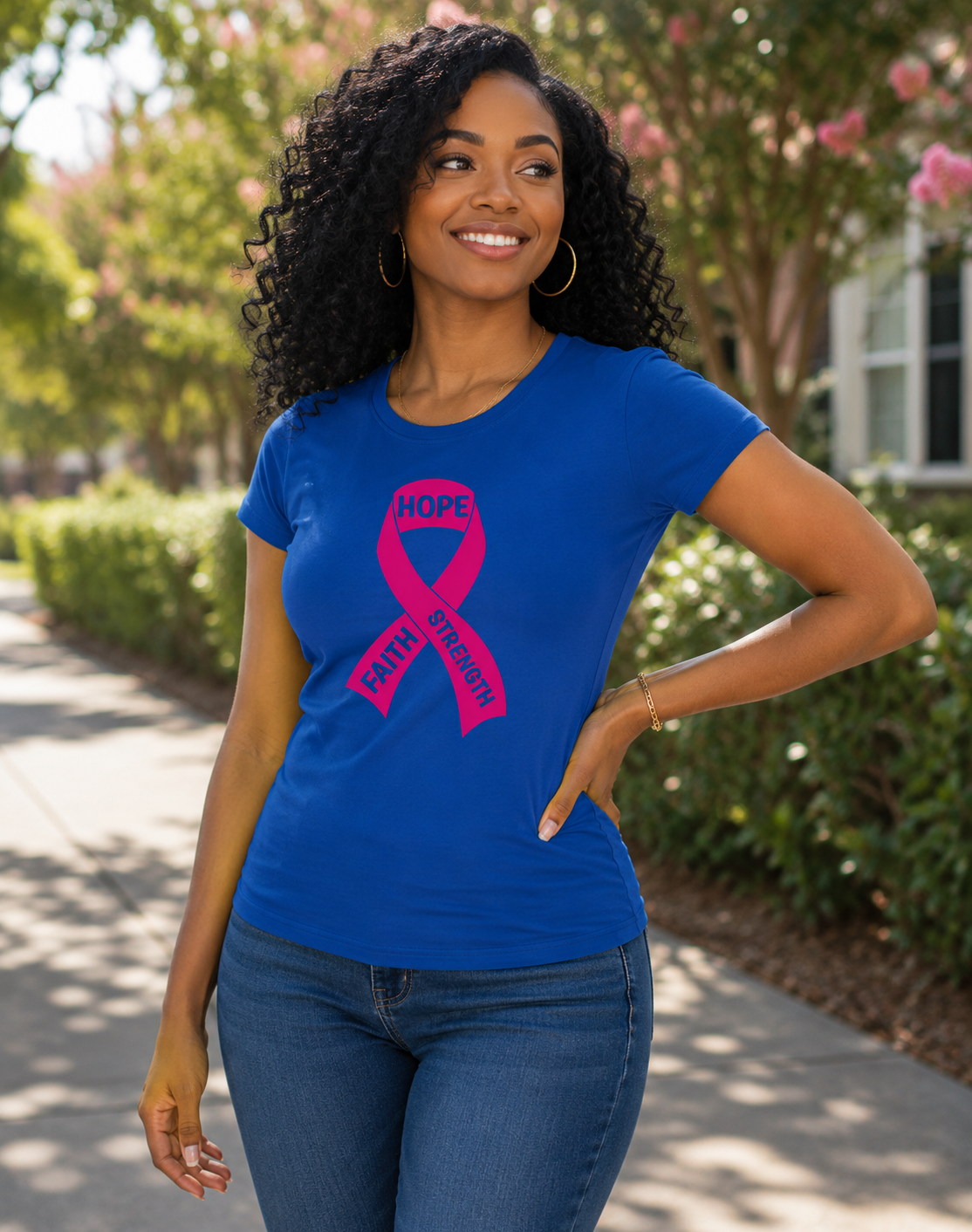 Breast Cancer Awareness: Hope Faith Strength Fitted T-Shirt
